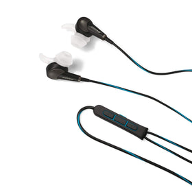 Bose QuietComfort 20 inline control close-up for playback adjustments.