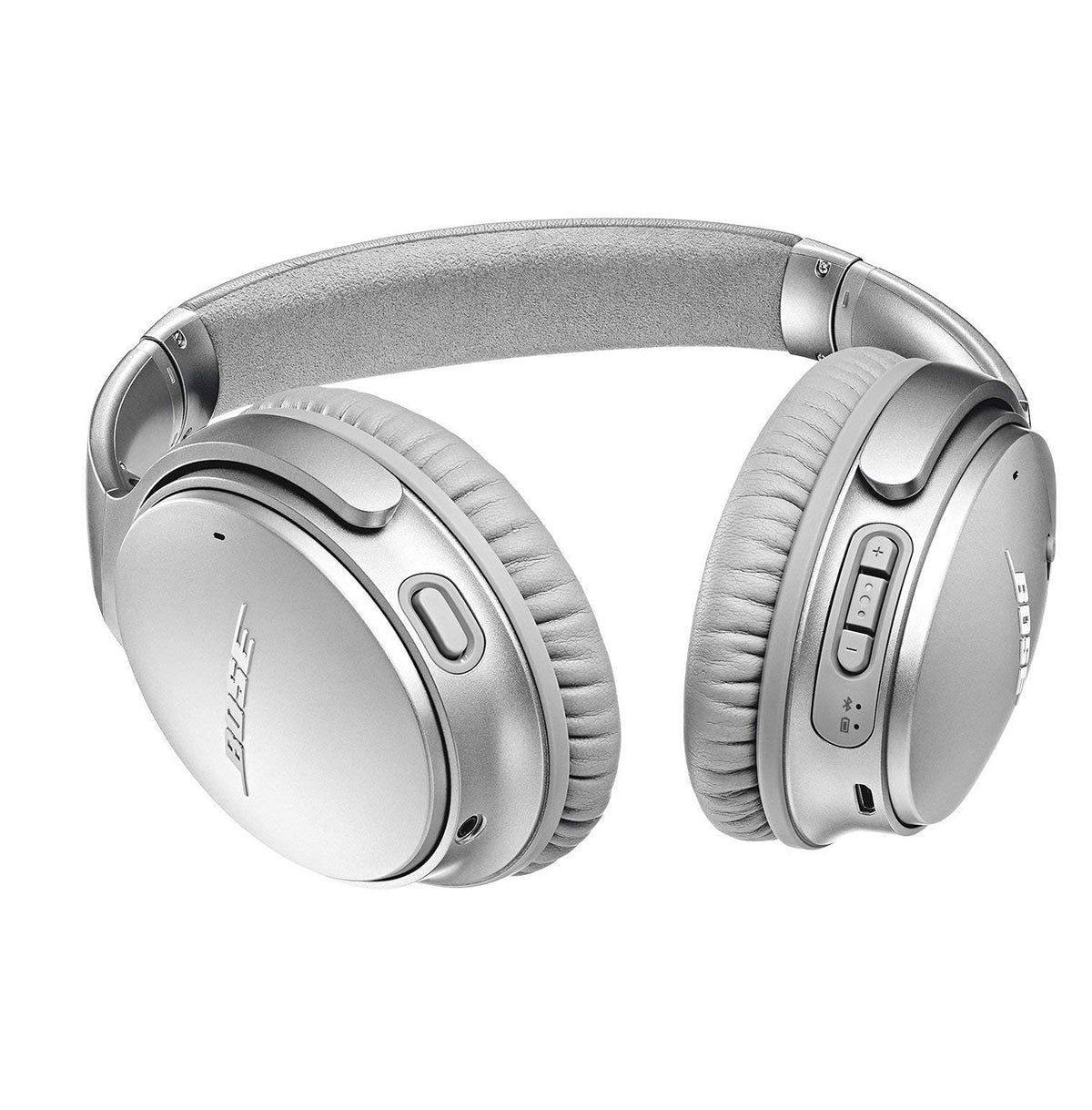 Bose QuietComfort 35 II silver ear cups show cushioned comfort for long listening.