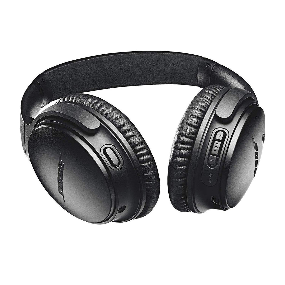 Bose QuietComfort 35 II Renewed black ear cups close-up with soft padding.