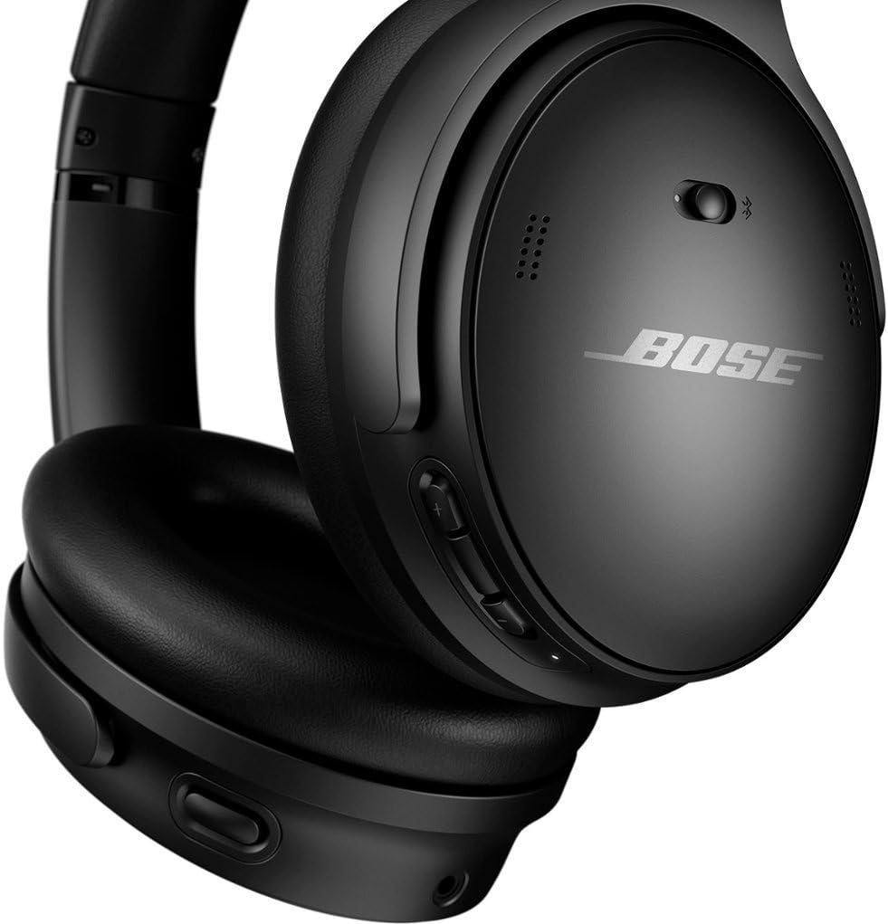 Bose QuietComfort 45 top view in triple black, highlights sleek design and portability.