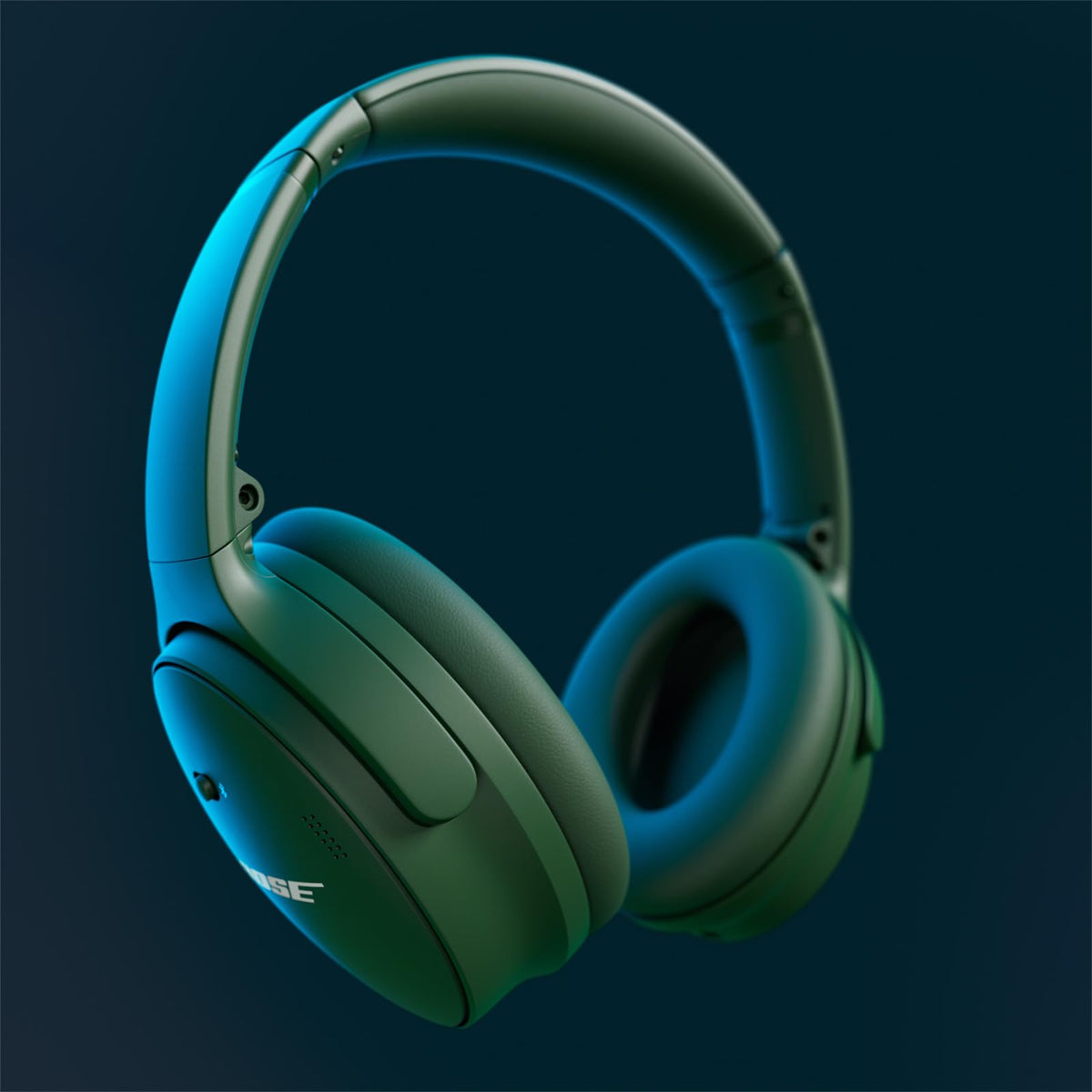 Bose QuietComfort Cypress Green ear cups close-up showing soft cushioning ideal for all-day wear.