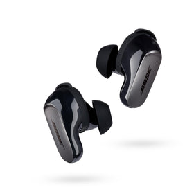 Bose QuietComfort Ultra Earbuds front view showing secure fit and immersive spatial audio.