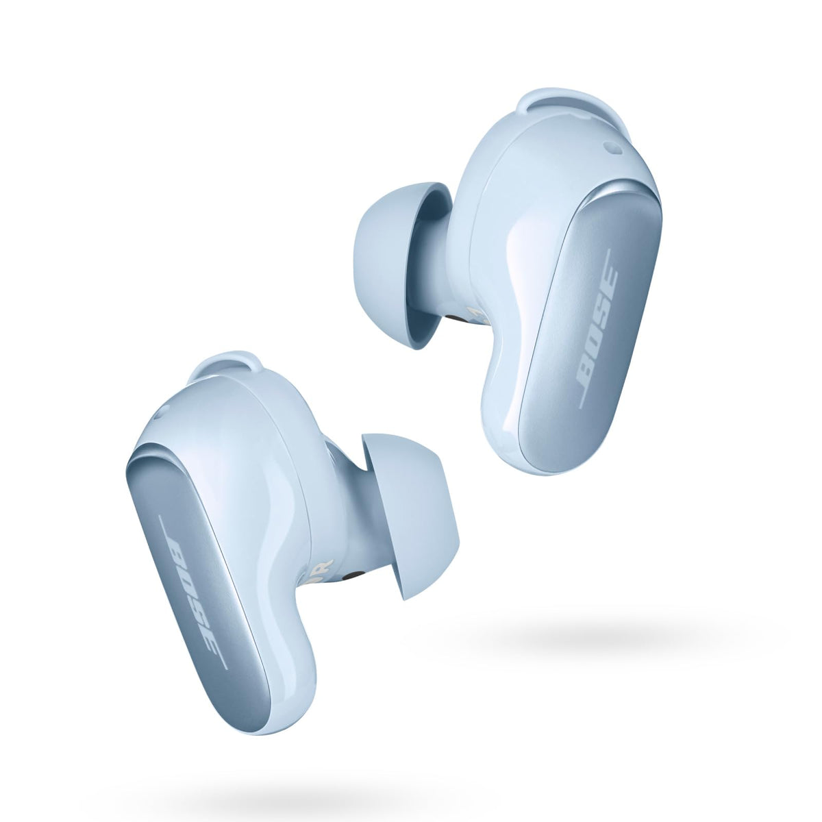 Bose QuietComfort Ultra earbuds front view showing sleek design and fit.