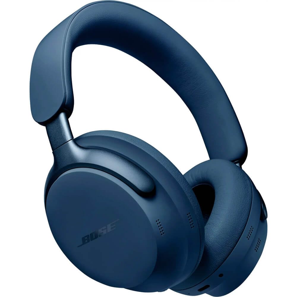 Bose QuietComfort Ultra Lunar Blue over-ear headphones with plush cushions for long listening sessions