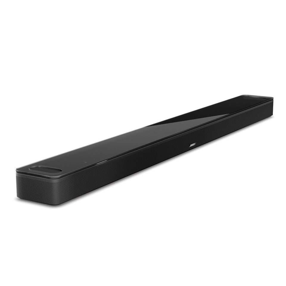 Bose Smart Ultra Soundbar front view showing slim design and full-range drivers for immersive sound.
