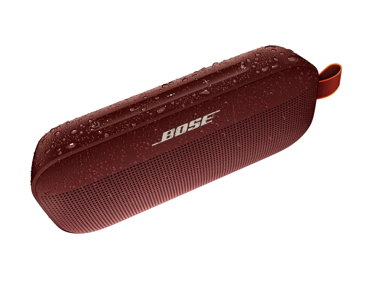 Bose SoundLink Flex Carmine Red - side view showcasing LED indicator and battery.