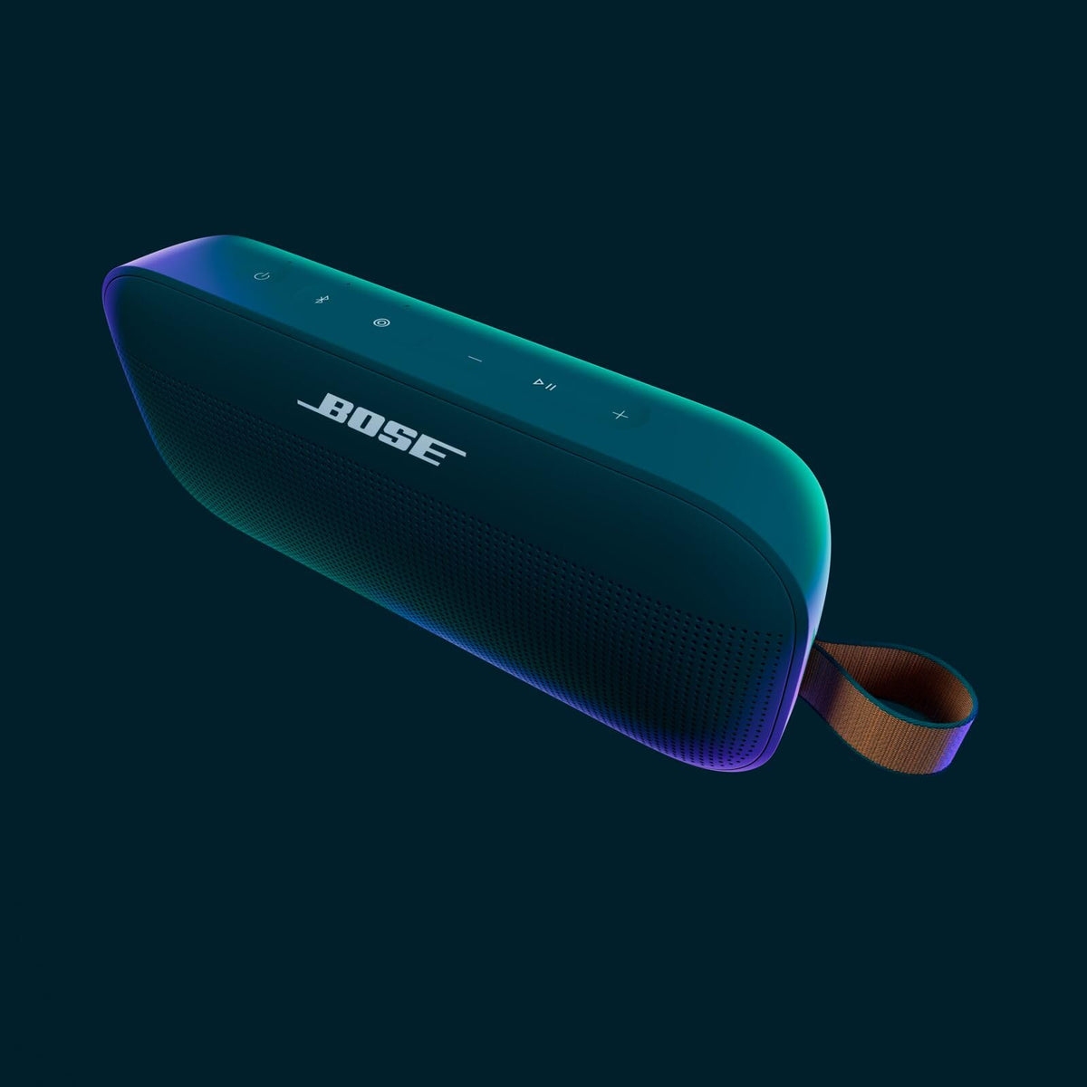 Bose SoundLink Flex Twilight Blue clipped to a backpack for hands-free listening