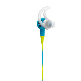 Close-up of Bose earbuds neon blue accents highlighting durable build and sound ports