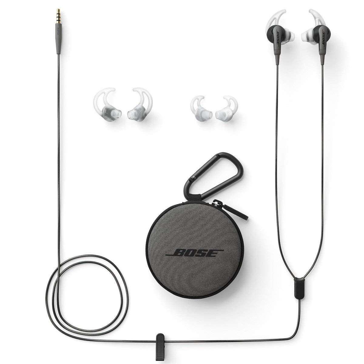 Charcoal Bose SoundSport earphones shown with matching carrying case for portability.