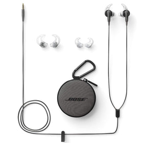 Charcoal Bose SoundSport earphones shown with matching carrying case for portability.