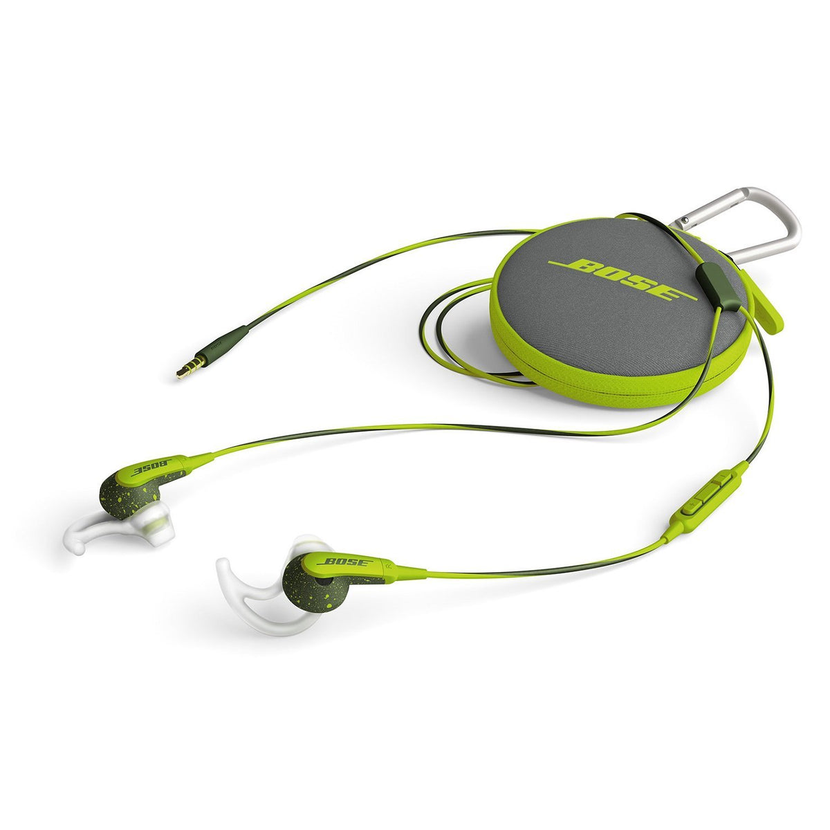 Bose earbuds worn by runner in Energy Green, staying secure during exercise