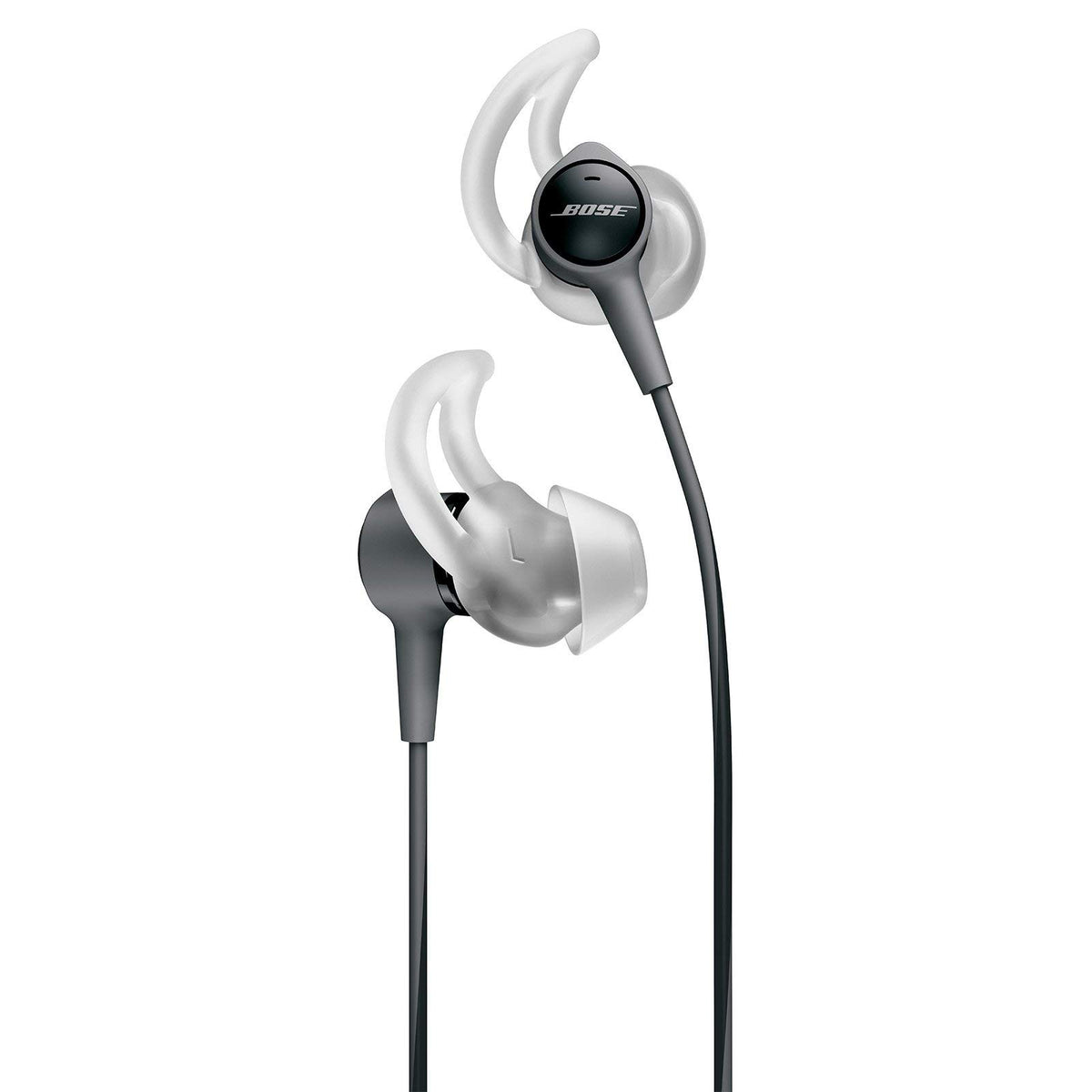 Bose SoundTrue Ultra front view showing charcoal earbuds and balanced sound benefit