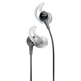 Bose SoundTrue Ultra front view showing charcoal earbuds and balanced sound benefit