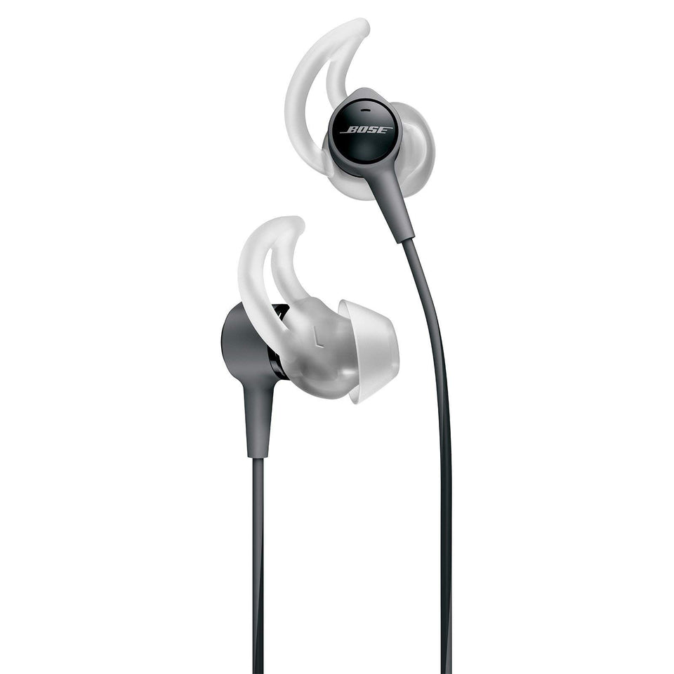 Bose SoundTrue Ultra front view showing charcoal earbuds and balanced sound benefit