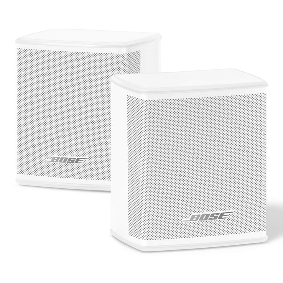 Bose Surround Speakers White front view enhances immersive home theater audio.