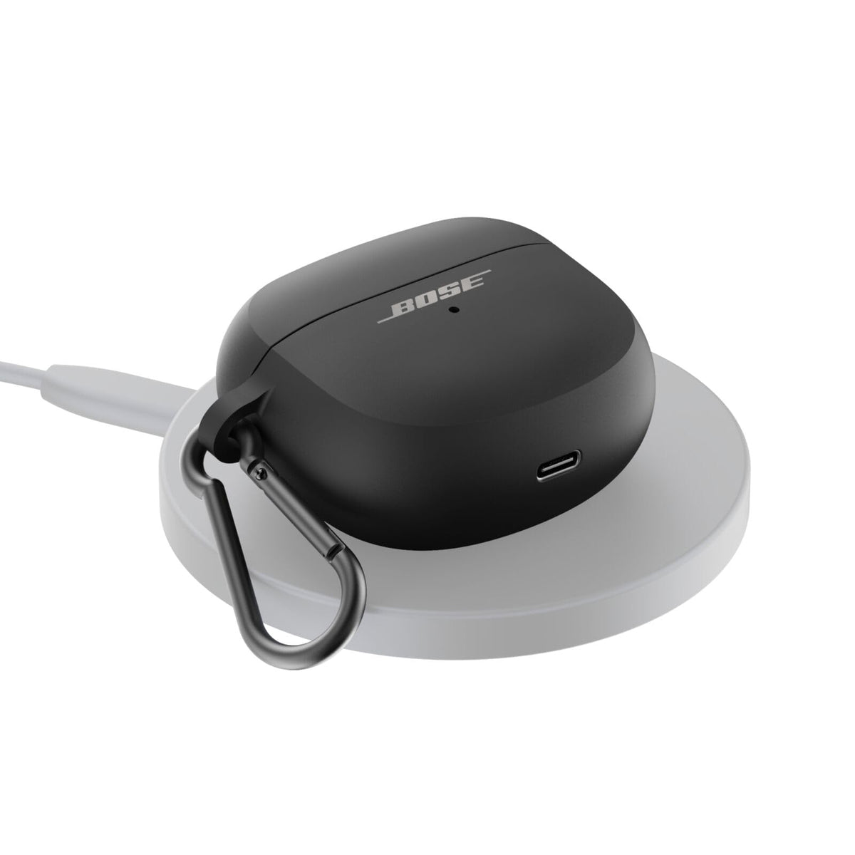 Bose Ultra case with carabiner clipped to backpack for secure on-the-go carry