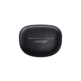 Bose Ultra Open Earbuds charging case black, front view, keeps buds charged on the go