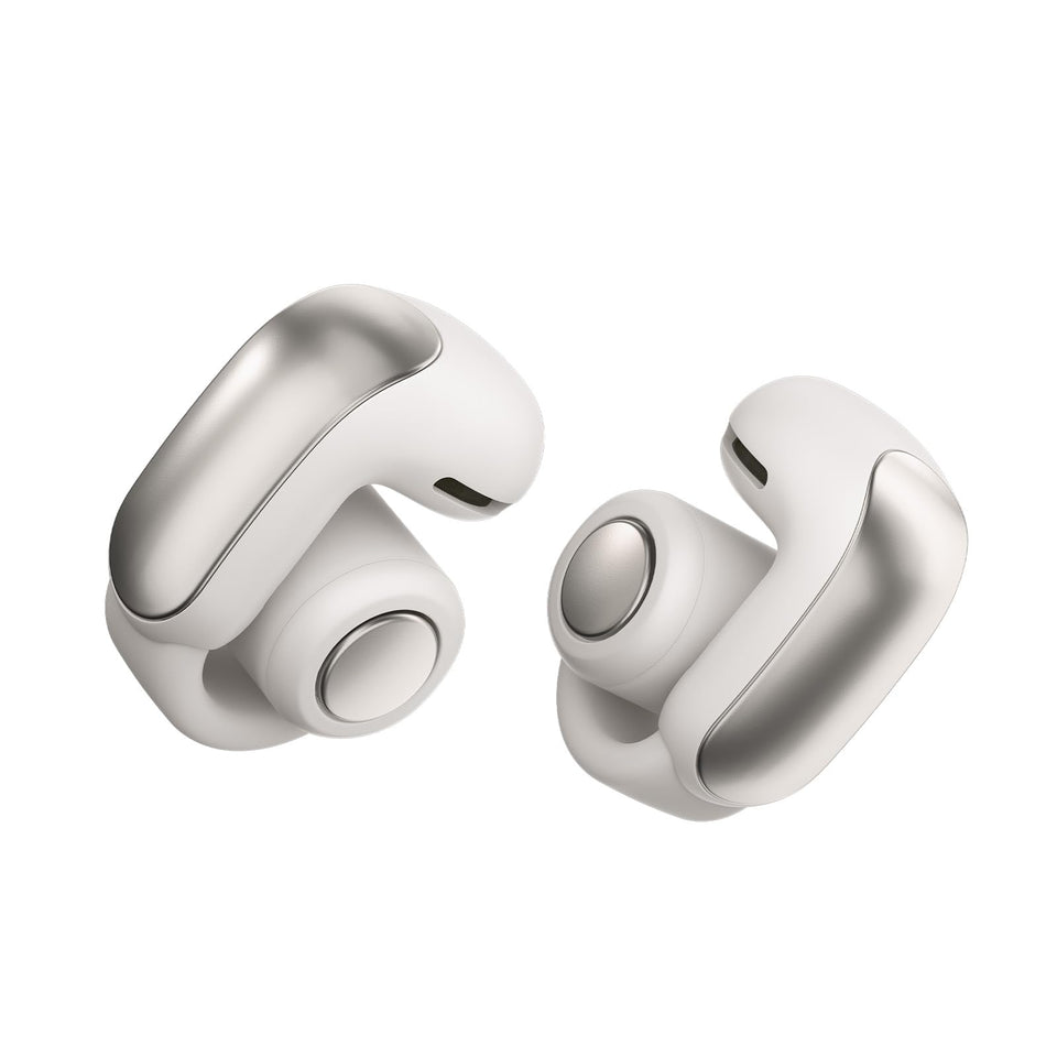 Bose Ultra Open Earbuds front view in White Smoke with aware, private sound