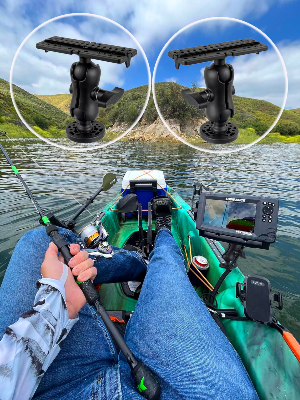 BOSHCHEN mounted on a kayak deck providing stable electronics placement