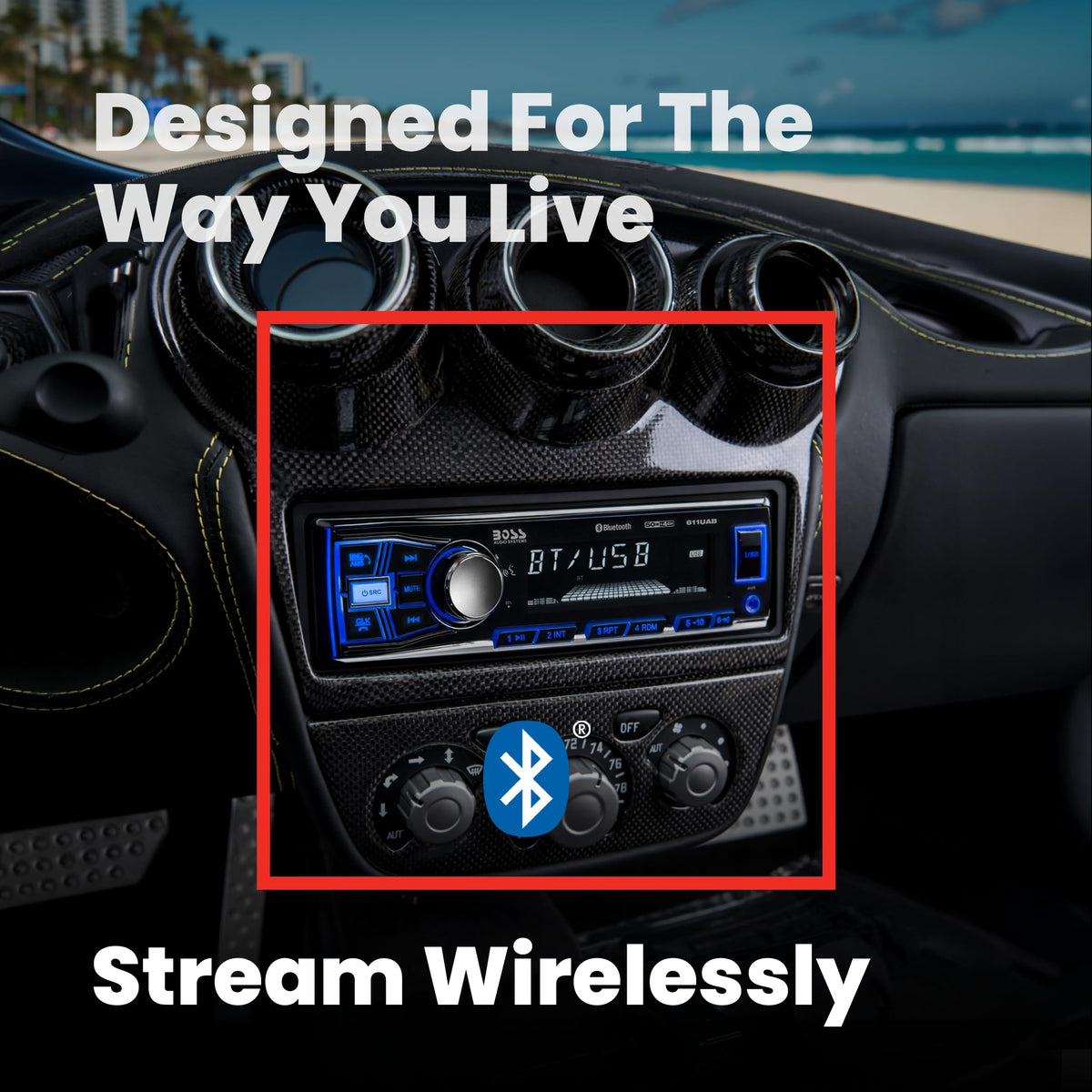 BOSS 611UAB installed in a vehicle dash demonstrating clean single-DIN fit