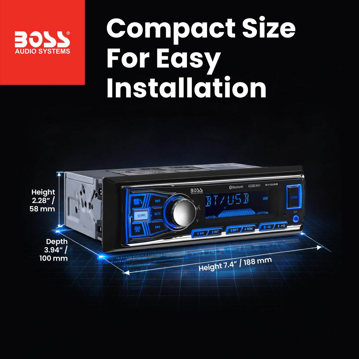 BOSS 611UAB next to a measuring tape showing single-DIN scale for fitment planning