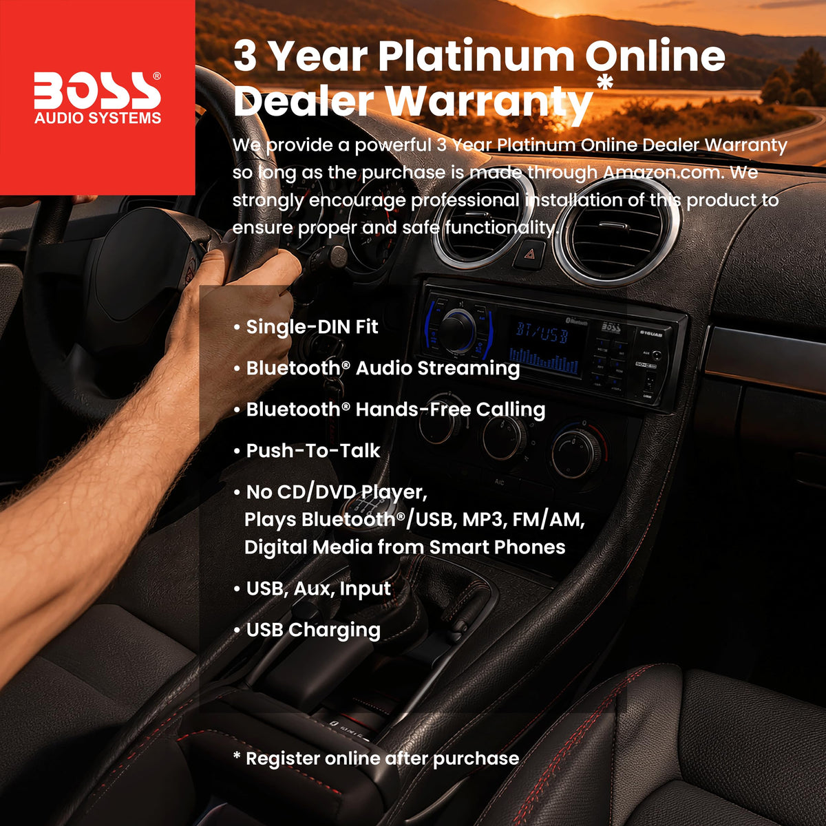 BOSS Audio Systems 616UAB rear view with RCA pre-amp outputs and wiring ports for upgrades