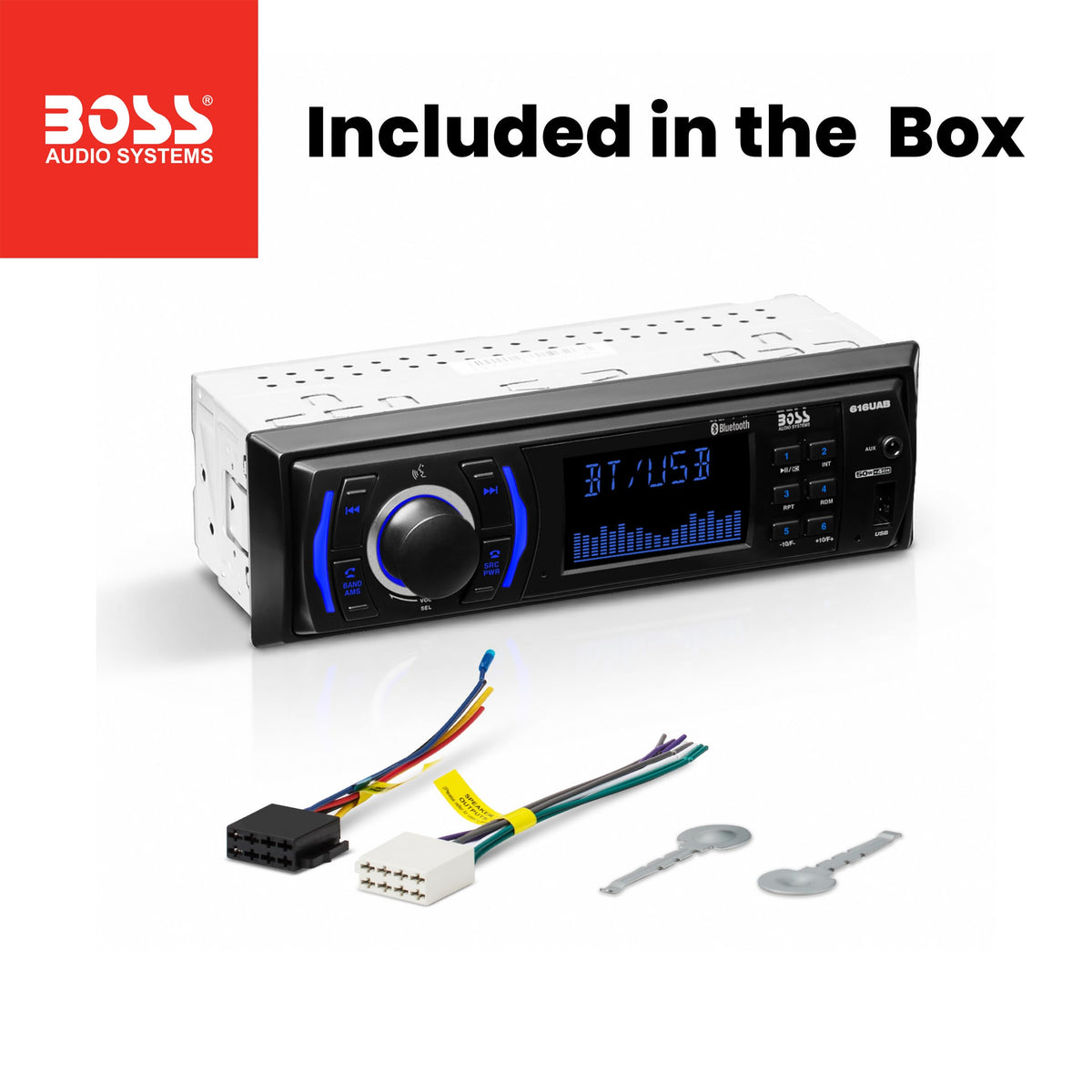 BOSS Audio Systems 616UAB next to a credit card showing compact single-DIN size and fit