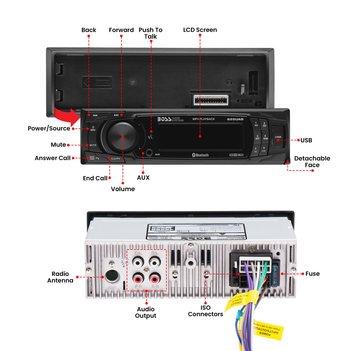 Detachable faceplate of BOSS 625UAB removed, theft deterrent and quick-release benefit