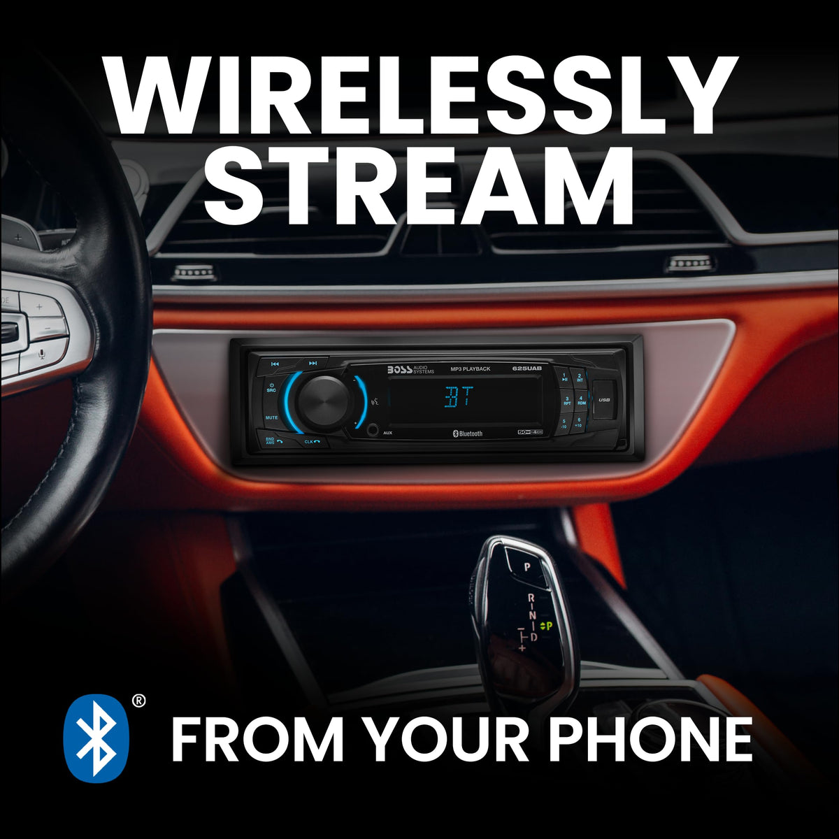 Front USB and auxiliary ports on BOSS 625UAB, easy playback and charging on the go