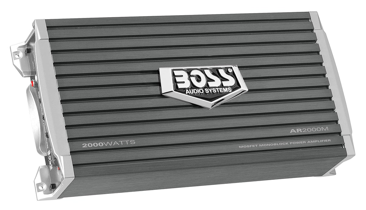 BOSS AR2000M close-up of gain, crossover, bass boost controls for precise tuning