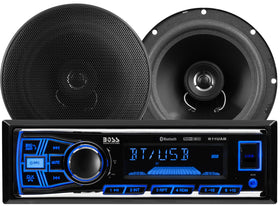 BOSS Audio Systems single-din receiver front view showing controls and display, easy connectivity
