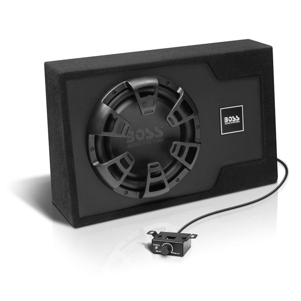 BOSS Audio B12ES subwoofer front view in a compact, low-profile enclosure.
