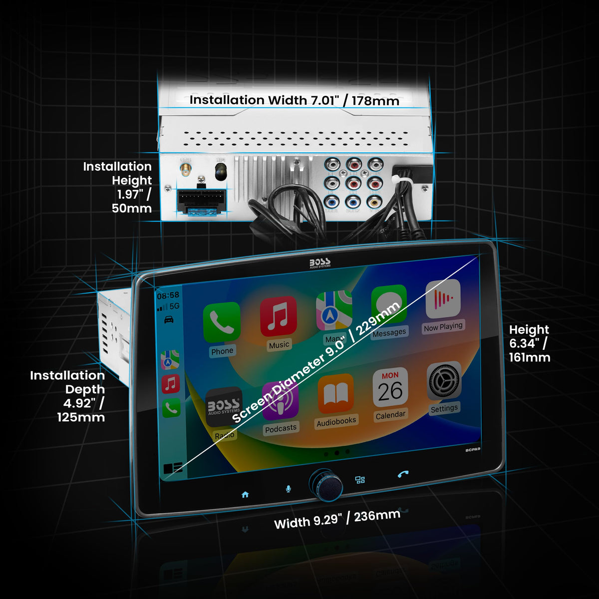 BOSS Audio BCPA9 front and rear camera inputs for added parking awareness.
