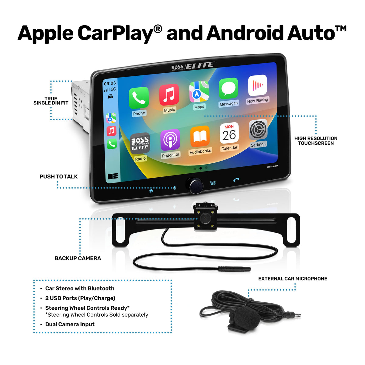 BE10ACP-C Apple CarPlay display with Siri support for hands-free app access.