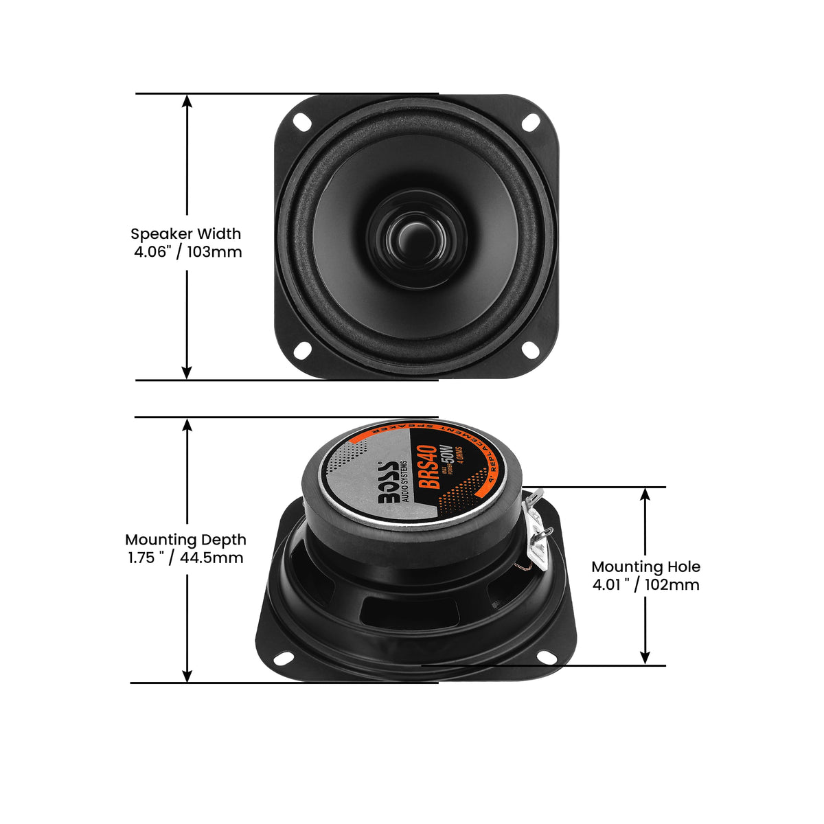 BOSS Audio BRS40 frequency response, broad range from 100 Hz to 18 kHz