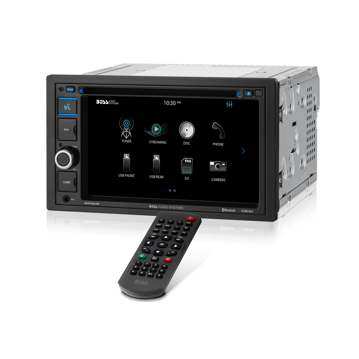 BOSS BV9364B front view showing a compact in-car media hub
