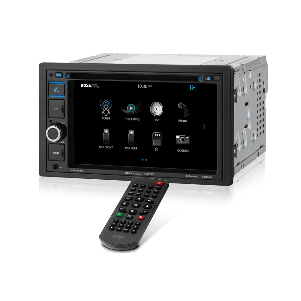 BOSS BV9364B front view showing a compact in-car media hub