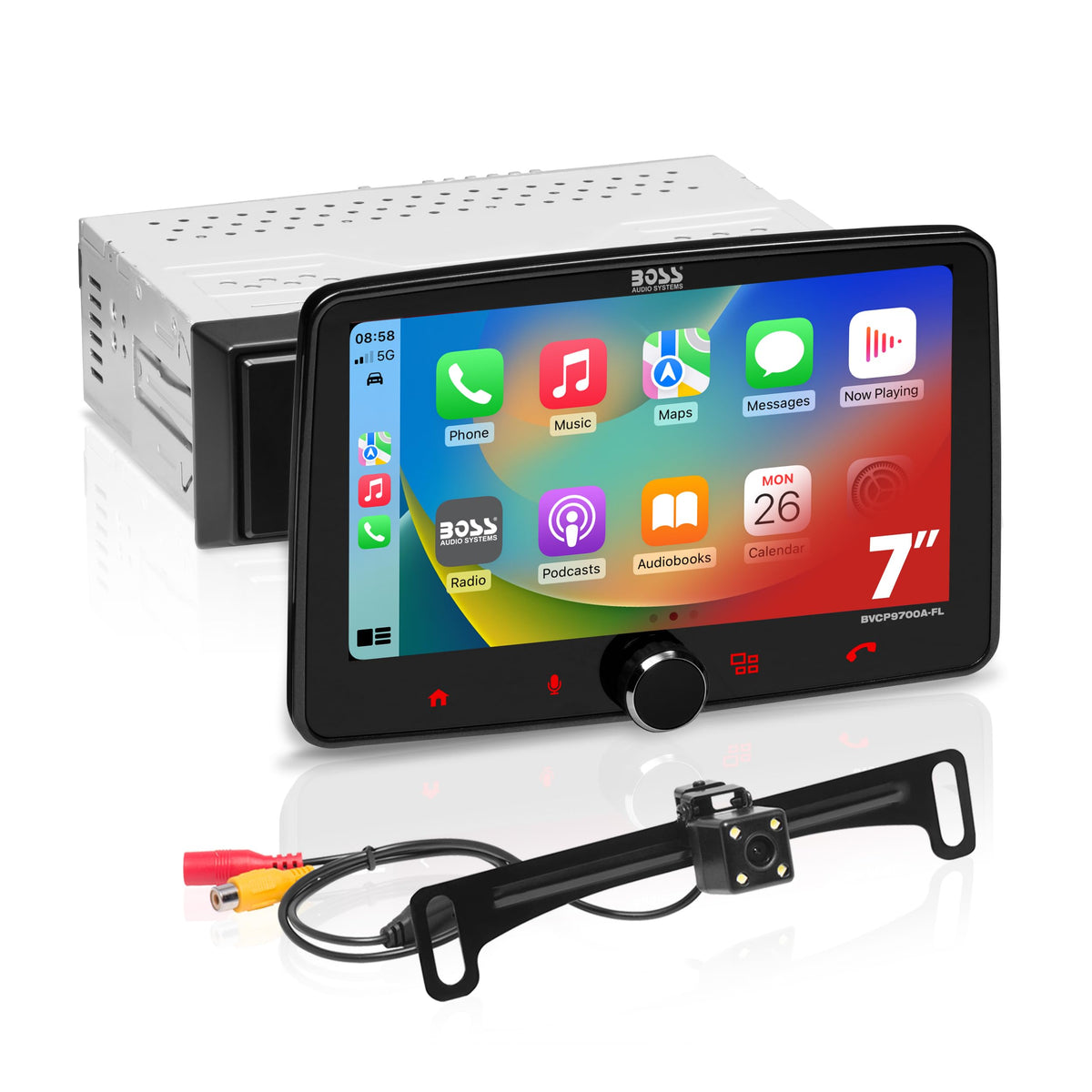 BOSS Audio BVCP9700A-CFL 7-inch touchscreen with Apple CarPlay for hands-free control.