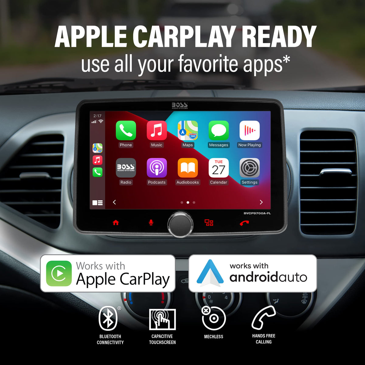 BOSS Audio BVCP9700A-CFL Apple CarPlay interface with Siri on screen.