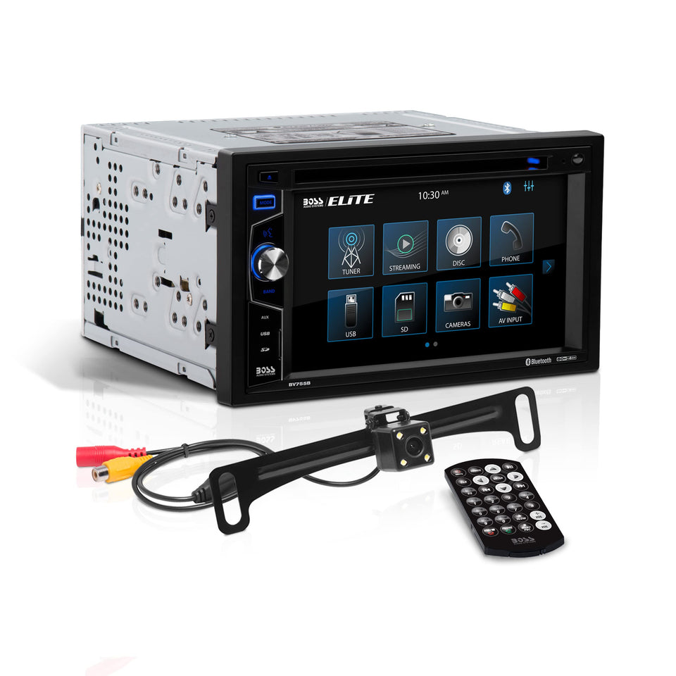 Boss Audio Elite BV755BLC 6.2-inch touchscreen for in-car navigation and media control.