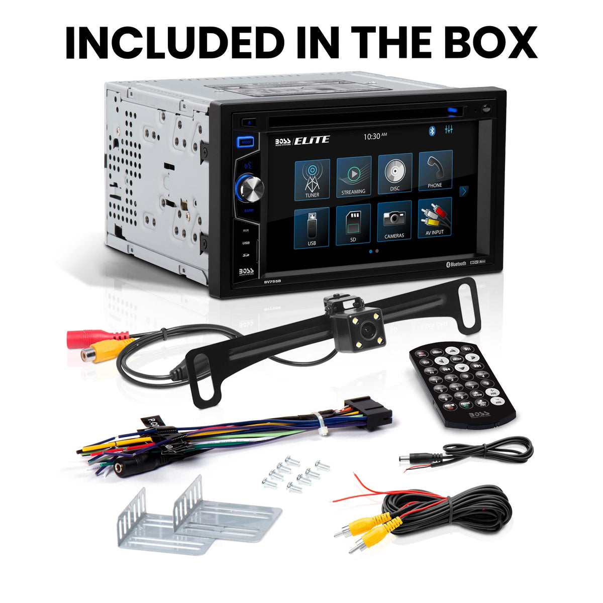 Boss Audio Elite BV755BLC power outputs for external speakers and subwoofer.