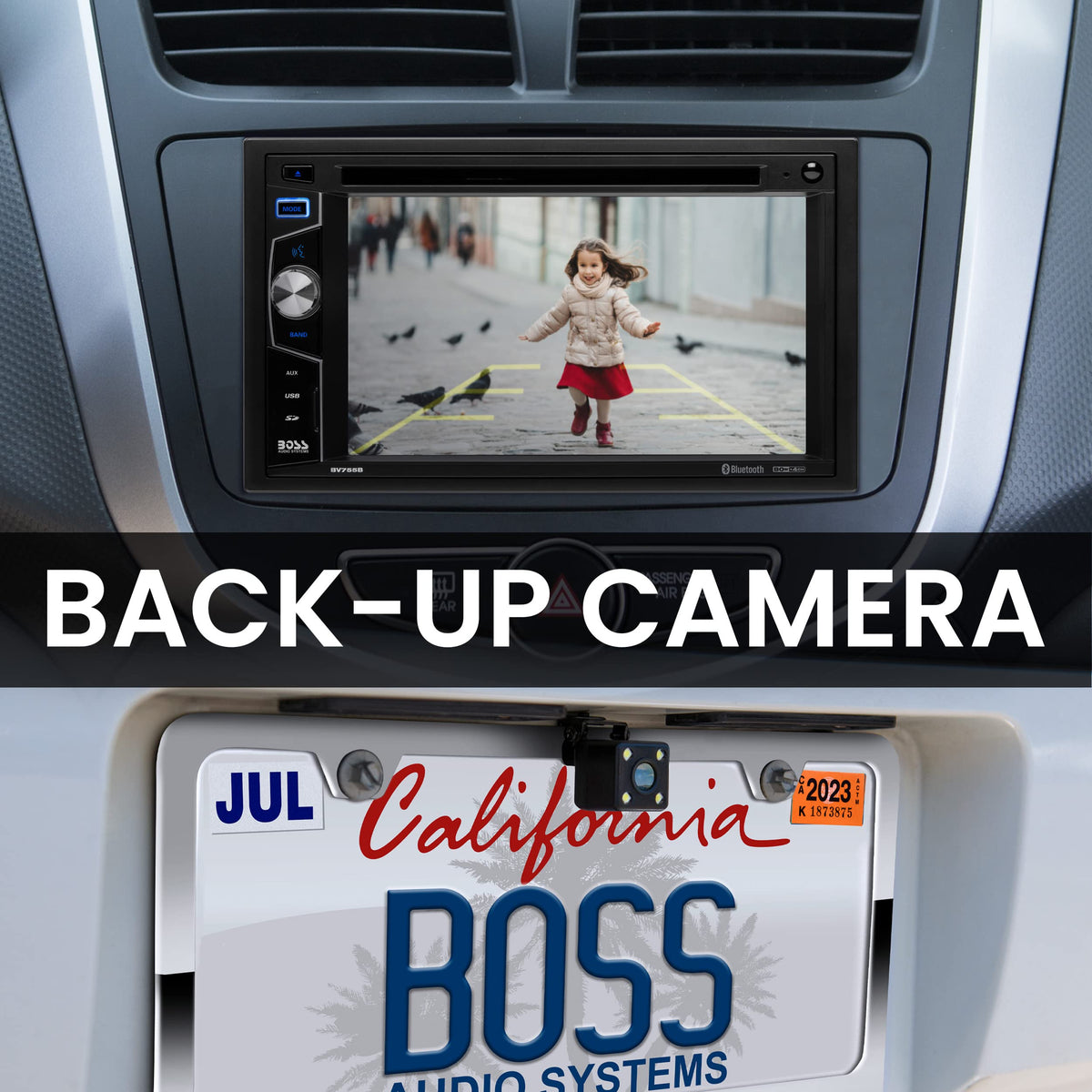 Boss Audio Elite BV755BLC rearview camera-ready connection assists parking.
