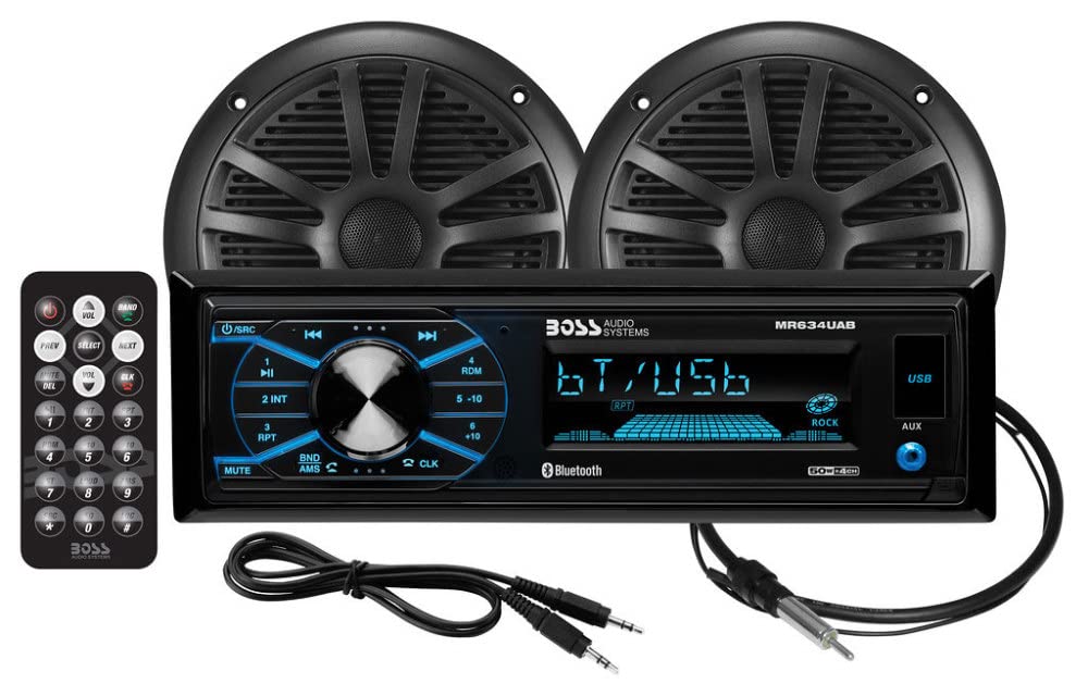 BOSS Audio Systems MCBK634B.6 marine stereo with 6.5-inch speakers, Bluetooth streaming for deck listening.