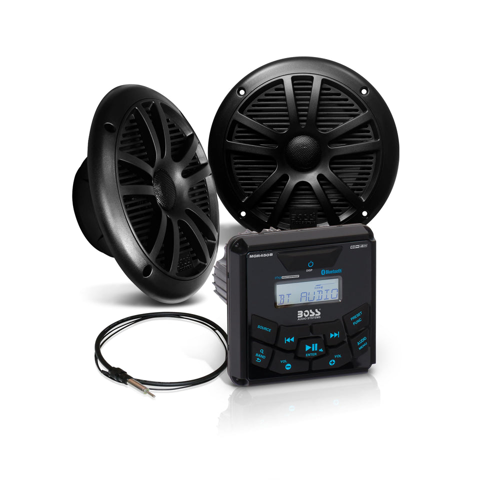 BOSS Audio Systems MCKGB450B.6 front panel gauge stereo with clear controls for marine use