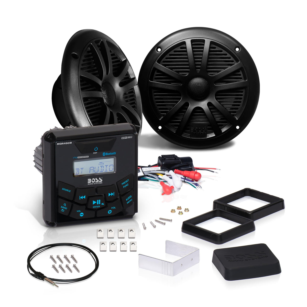 Pair of BOSS Audio Systems MCKGB450B.6 6.5 inch marine speakers delivering outdoor sound
