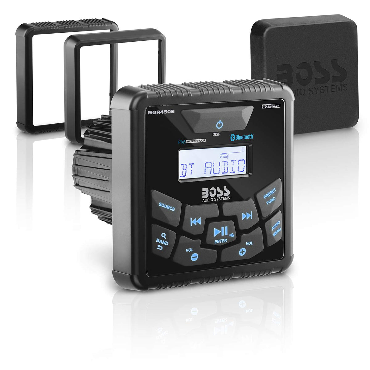 BOSS Audio MGR450B marine gauge receiver front panel with rugged, weatherproof design.