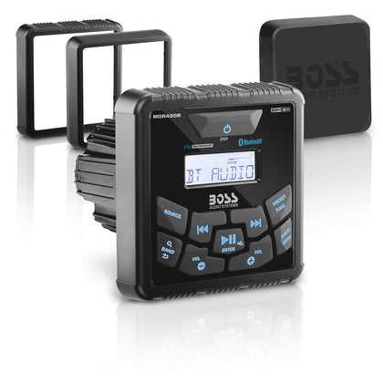 BOSS Audio MGR450B marine gauge receiver front panel with rugged, weatherproof design.