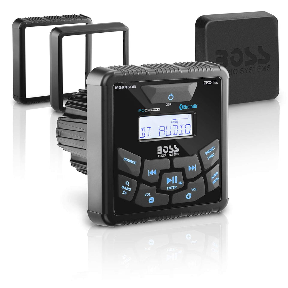 BOSS Audio MGR450B marine gauge receiver front panel with rugged, weatherproof design.