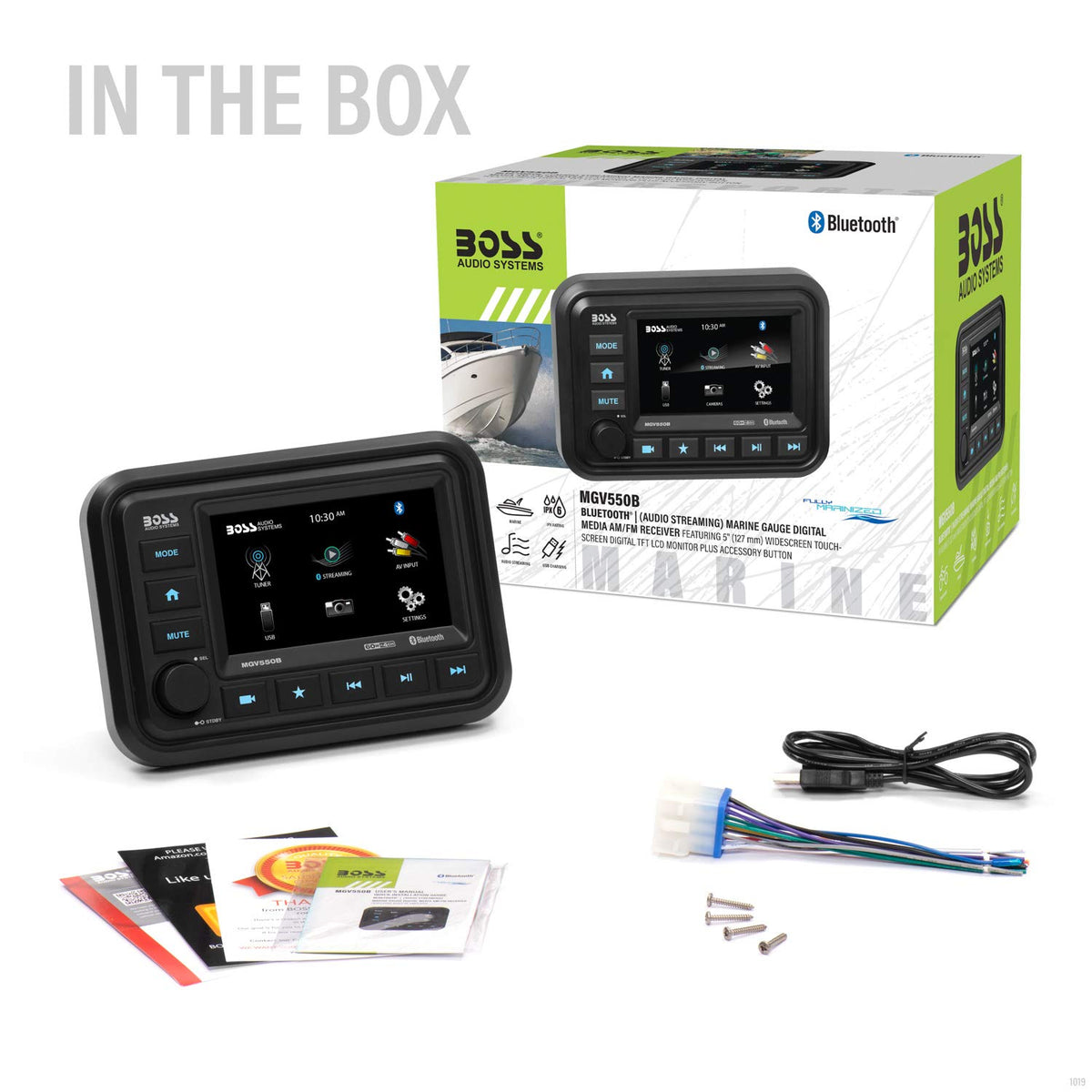 BOSS MGV550B 5-inch touchscreen interface on a compact marine unit.
