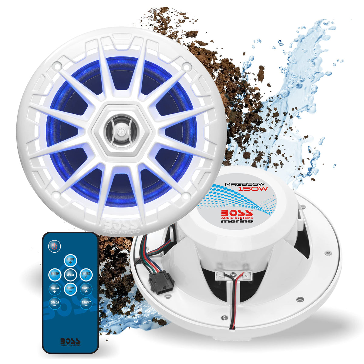 BOSS Audio MRGB55W marine speakers front view with vivid RGB lighting for mood and visibility.